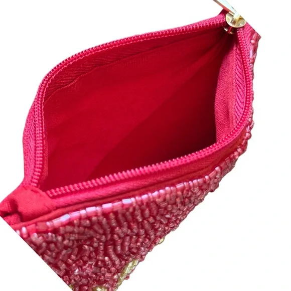Handmade WINE$ Beaded Coin Purse Bright Pink Lipstick Pouch & Card Holder - Picture 3 of 4